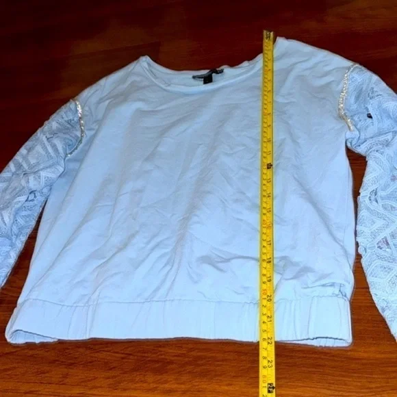 Embellished Lace Sleeve Sweatshirt Airy Blue by Boston proper S pullover stretch - Picture 3 of 10